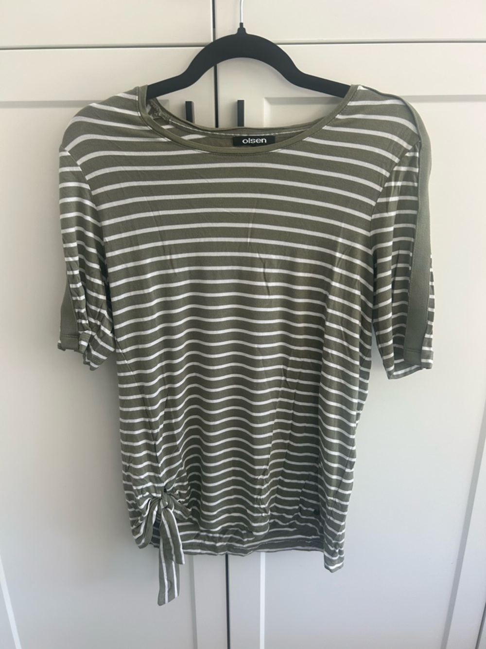 Olsen Olive & White Stripe Tie-Hem Women’s Top
